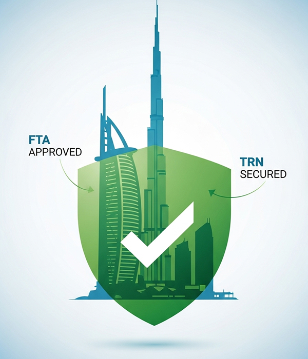 Graphic of UAE skyline with green shield and checkmark symbolizing secured VAT compliance and TRN approval.