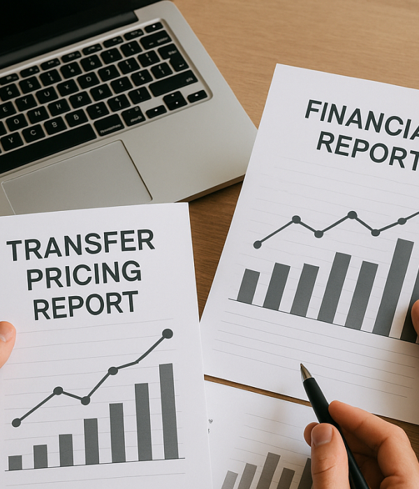Close-up of hands reviewing financial documents and transfer pricing reports with a pen and calculator on a desk. Transfer Pricing Solutions