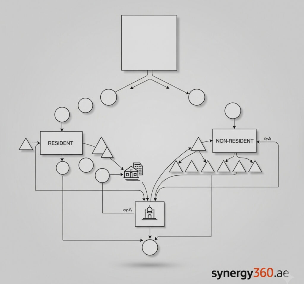 Flowchart of UAE corporate tax entities, showing Juridical Persons, Natural Persons, and Qualifying Free Zone Persons with permanent establishment icons and synergy360.ae branding.