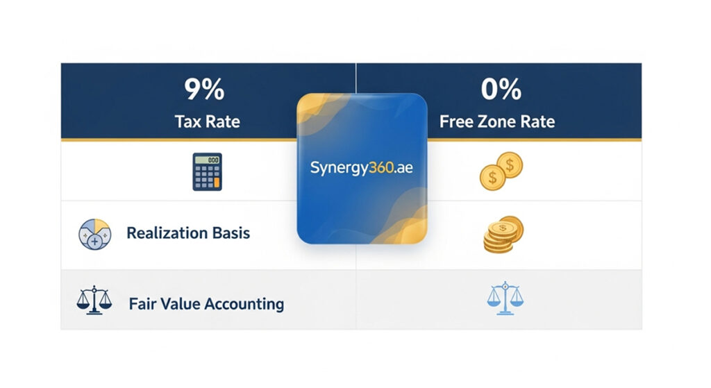 Visual table of UAE corporate tax rates, with 9% and 0% free zone icons, calculator for realization basis, and synergy360.ae tax software interface.