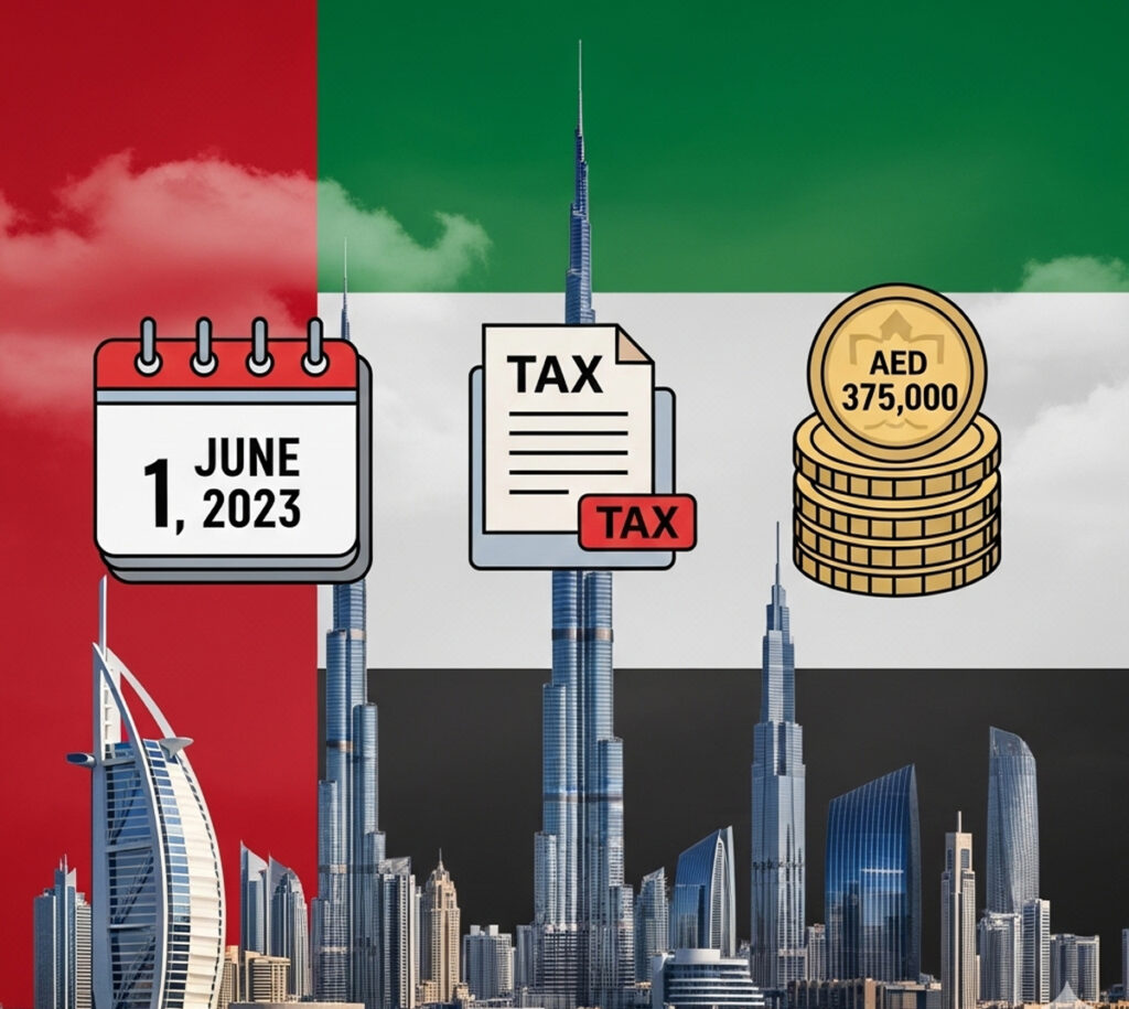Visual of Dubai skyline with UAE corporate tax icons, including a calendar for June 2023 and AED 375,000 threshold, highlighting Federal Decree-Law No. 47.